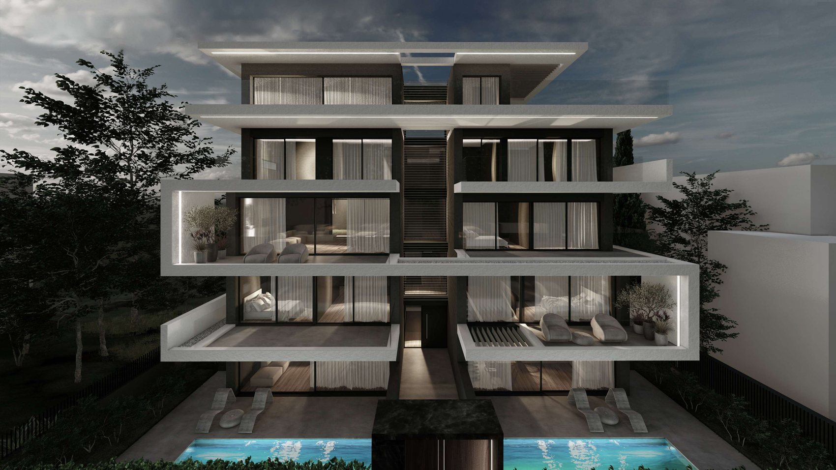 The Voula Residence at dusk, private pool